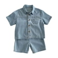 thumbnail image 1 of Likimi Children Boys Girls Two Piece Set Denim Short Sleeve Lapel Button Down Solid Color Shirt With Shorts Fashion Breathable Outfit Set Light Blue Size 3-4 Years, 1 of 5
