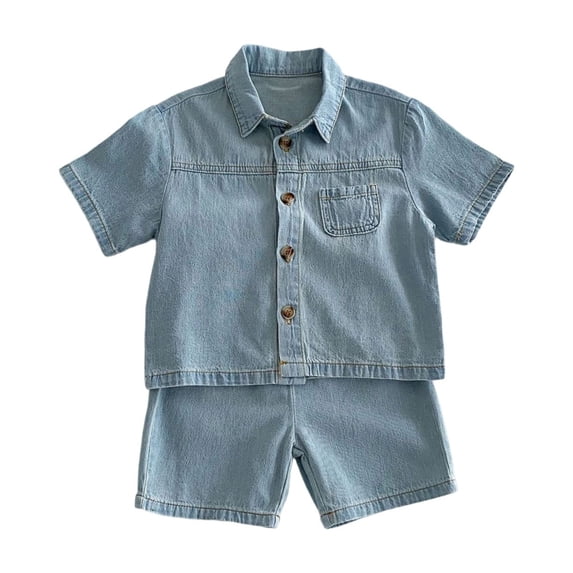 Likimi Children Boys Girls Two Piece Set Denim Short Sleeve Lapel Button Down Solid Color Shirt With Shorts Fashion Breathable Outfit Set Light Blue Size 3-4 Years