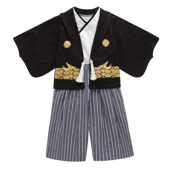 Likimi Children Boys Girls Two Piece Set Traditional V Neck Sleeveless Tops Long Sleeve Print Coat Pants 3Pcs Fashion Breathable Outfit Set Black Size 7-8 Years