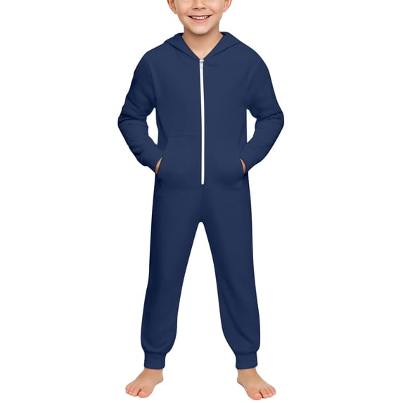 Likimi Children Boys Jumpsuits Hooded Zipper Solid Color Long Sleeve Bodysuits For Boys Spring Autumn Comfortable Homewear Clothes Navy Size 5-6 Years
