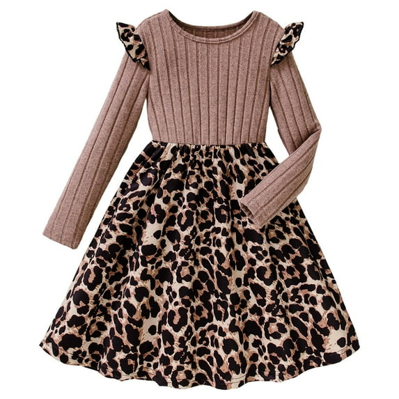 Likimi Children Girls Autumn Winter Dresses Crew Neck Ruffle Long Sleeve Leopard Print Casual Comfortable Dress Size 11-12 Years Pink