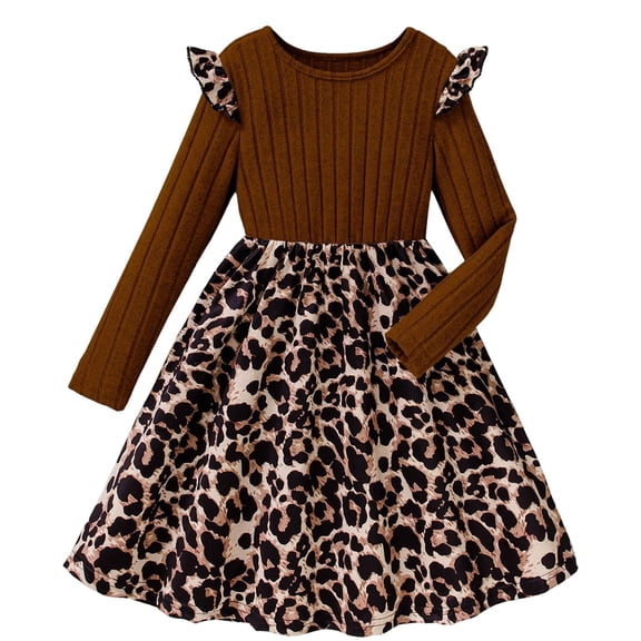 Likimi Children Girls Autumn Winter Dresses Crew Neck Ruffle Long Sleeve Leopard Print Casual Comfortable Dress Size 9-10 Years Brown