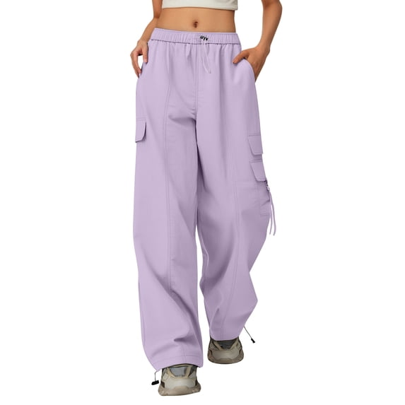 Likimi Children Girls Cargo Pants Solid Color Loose Wide Leg Elastic Waistband Drawstring With Pocket Comfortnable Trousers Purple Size 12-13 Years
