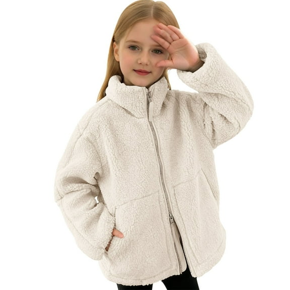 Likimi Children Girls Coat Long Sleeve Solid Color Zipper Winter Outerwear With Pocket Warm Comfortable Jacket Size 5-6 Years Beige