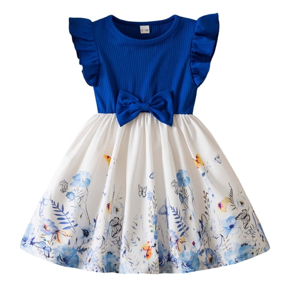 Likimi Children Girls Dress Cartoon Print Crew Neck Comfortable Casual Cute Summer Dress With Fly Sleeves Blue Size 12-18 Months
