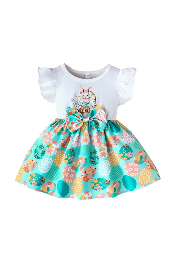 Children Girls Dress Easter Cartoon Print Crew Neck Comfortable Casual Cute Summer Dress With Fly Sleeves Green Size 2-3 Years