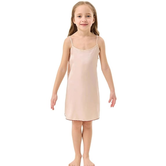 Likimi Children Girls Dress Elegant Lightweight Sleeveless Solid Color Crew Neck Summer Comfortable Dress Beige Size 5-6 Years