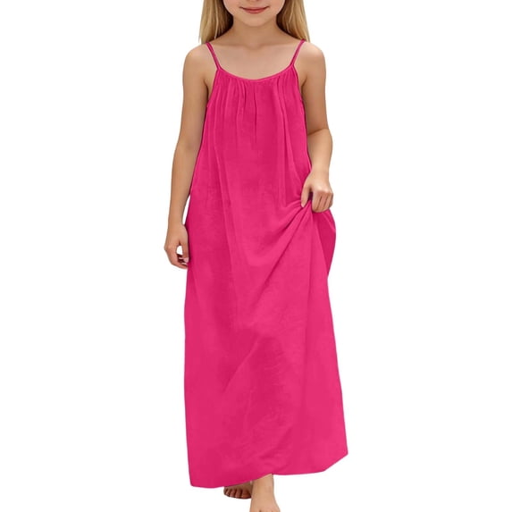 Likimi Children Girls Dress Elegant Lightweight Sleeveless Solid Color Crew Neck Summer Comfortable Dress Pink Size 12-13 Years