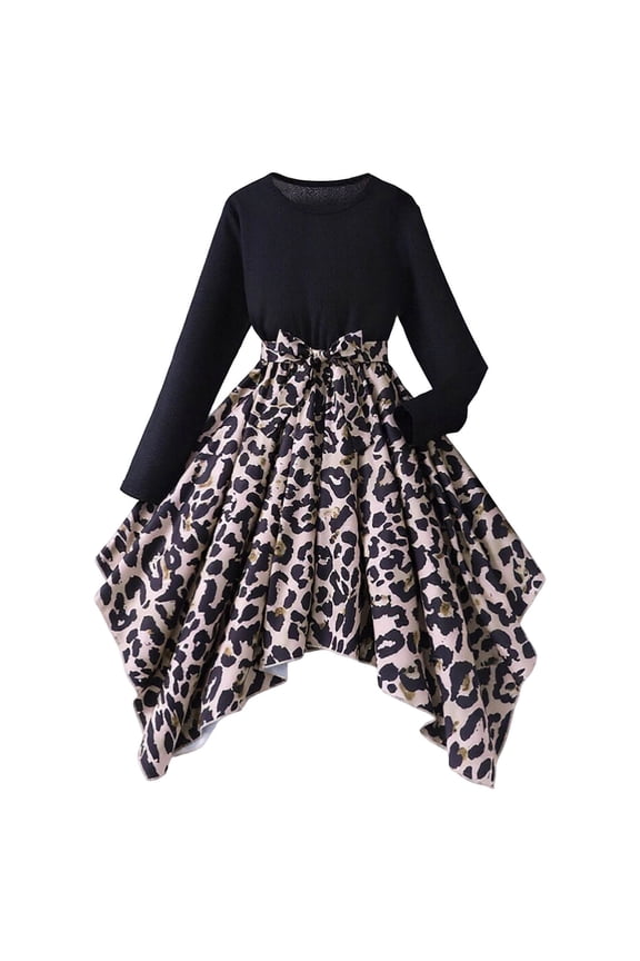Children Girls Dress Long Sleeve Crew Neck A Line Leopard Print Elegant Fashion Dresses With Detachable Waist Belt Size 11-12 Years Black