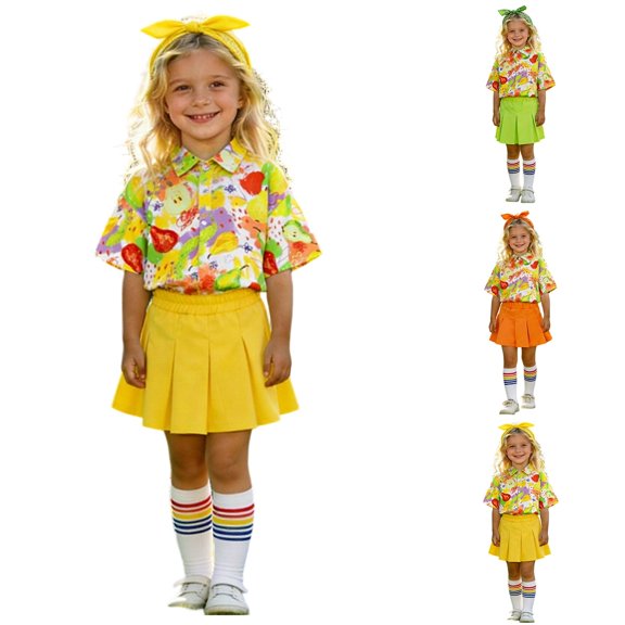 Likimi Children Girls Four Piece Set Button Down Lapel Cartoon Print Short Sleeve Shirts With Skirts Socks 4Pcs Performance For Stage Shows Comfort Casual Outfit Set Yellow Size 13-14 Years