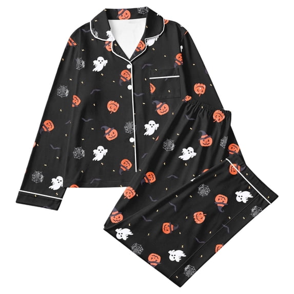 Likimi Children Girls Halloween Pajamas Set Long Sleeve Hallowmas Cartoon Print Lapel Button Down Pjs Tops With Pants For Party Comfort Sleepwear