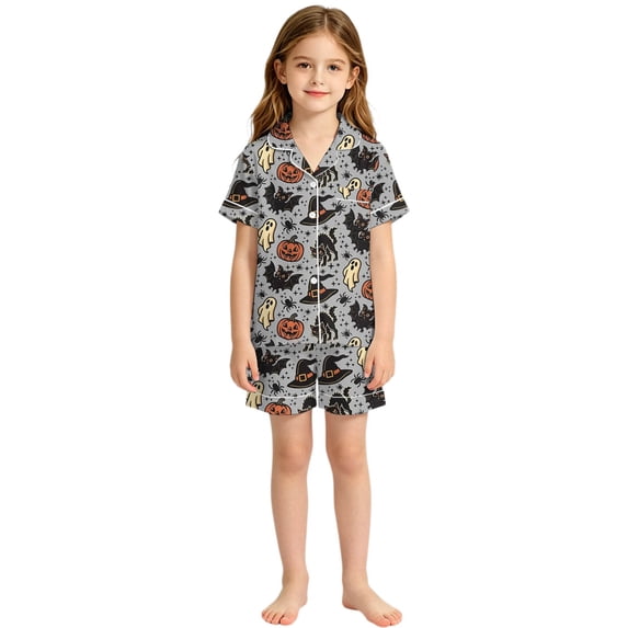 Likimi Children Girls Halloween Pajamas Set Short Sleeve Hallowmas Cartoon Print Lapel Button Down Pjs Tops With Shorts For Party Fashion Loungewear