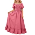 thumbnail image 1 of Likimi Children Girls Maxi Dress Elegant Short Sleeve Square Neckline Solid Color Flared Ruffle Breathable Comfort Long Dress Pink Size 10-11 Years, 1 of 9