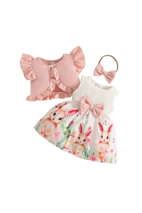 Children Girls Outfit Set Easter Cartoon Prints Dress Fly Sleeve Crew Neck Ruffles Coat Headbands Summer Comfortable Three Piece Set Pink Size 12-18 Months