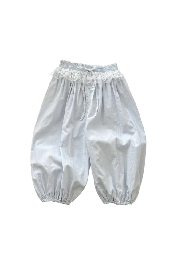 Children Girls Pants Breathable Loose Fit Elastic Waist Solid Color Comfortable Spring Summer Trousers Blue Size 6-7 Years