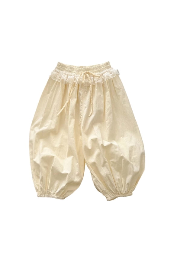 Children Girls Pants Breathable Loose Fit Elastic Waist Solid Color Comfortable Spring Summer Trousers Yellow Size 5-6 Years