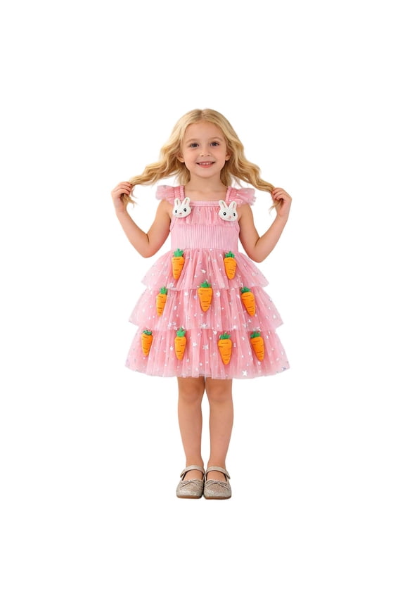 Children Girls Summer Dress Easter Cute Cartoon Print Square Neck Sleeveless Breathable Dresses Pink Size 5-6 Years