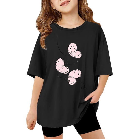 Likimi Children Girls T Shirts Crew Neck Short Sleeve Butterfly Print Loose Fit Soft Tops Black Size 3-4 Years