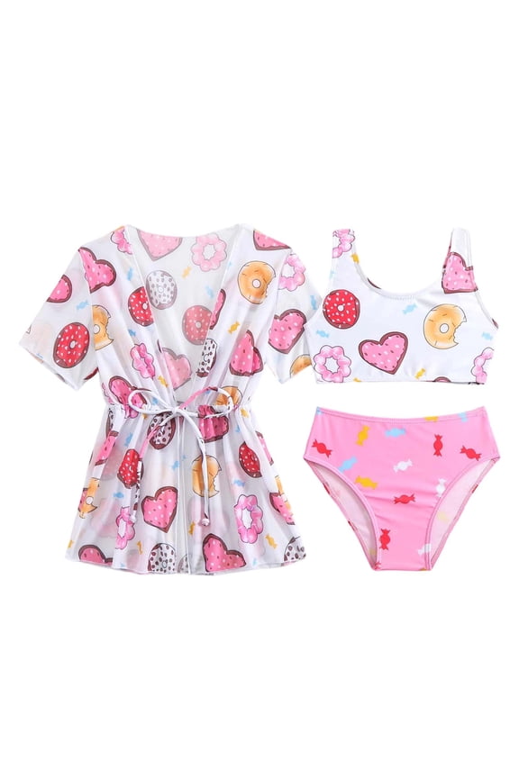 Children Girls Three Piece Swimsuits Crew Neck Cartoon Printed Sleeveless Bikini Set With Short Sleeve Coat Casual Fashionable Swimwear For Beach Pool Pink Size 4-5 Years
