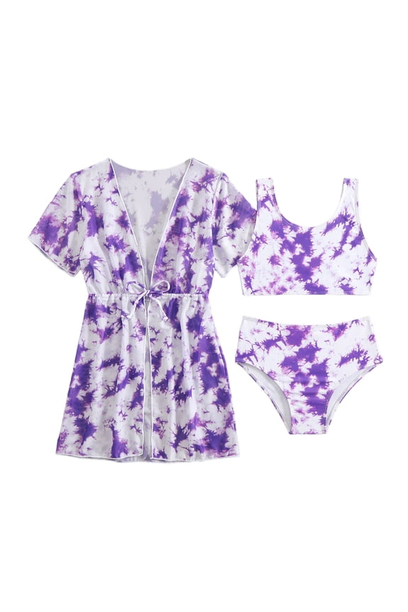 Children Girls Three Piece Swimsuits Crew Neck Printed Sleeveless Bikini Set With Short Sleeve Coat Casual Fashionable Swimwear For Beach Pool Purple Size 8-9 Years