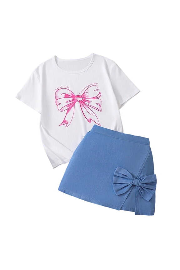 Children Girls Two Piece Set Bow Print Crew Neck Short Sleeve Top With Denim Skort Summer Comfort Soft Outfit Set White Size 10-11 Years