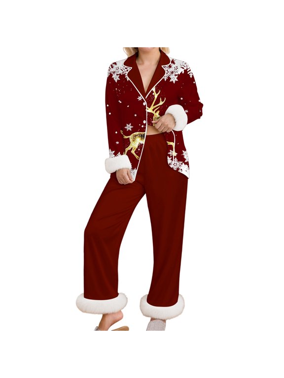 Christmas Womens Pajamas Set Fleece Long Sleeve Snowflake Print Lapel Button Down Pjs Tops With Pants Party Comfort Sleepwear Size L