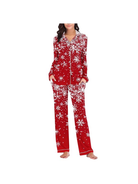Christmas Womens Pajamas Set Long Sleeve Snowflake Print Lapel Button Down Pjs Tops With Pants Party Casual Loungewear Size 2Xl