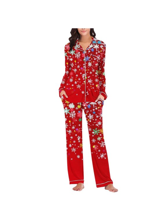 Christmas Womens Pajamas Set Long Sleeve Snowflake Print Lapel Button Down Pjs Tops With Pants Party Elegant Loungewear Size 2Xl
