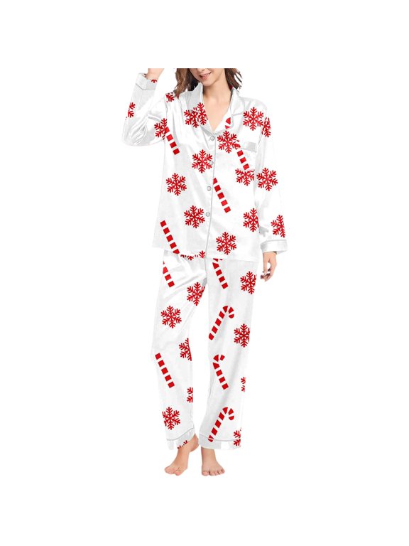Christmas Womens Pajamas Set Long Sleeve Snowflake Print Lapel Button Down Pjs Tops With Pants Party Elegant Loungewear Size 2Xl