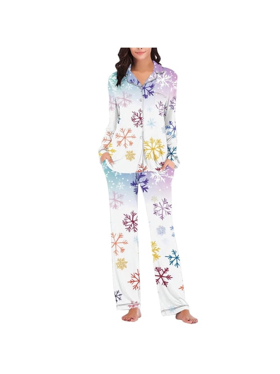 Christmas Womens Pajamas Set Long Sleeve Snowflake Print Lapel Button Down Pjs Tops With Pants Party Soft Sleepwear Size 2Xl