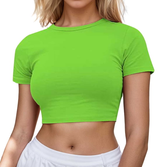 Likimi Crop Tops For Women Short Sleeve Crew Neck Solid Color Slim Fit Comfortnable Basic Tee Green Size Xs