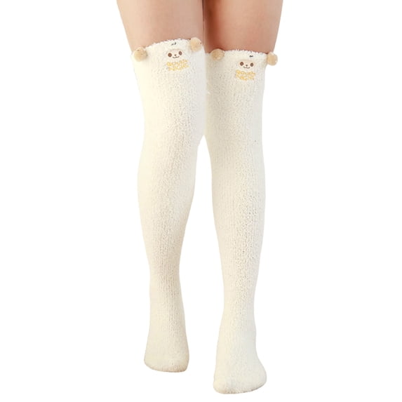 Likimi Fuzzy Fleece Socks For Women Cartoon Striped Print Over The Knee Winter Warm Casual Soft Socks Size One Size