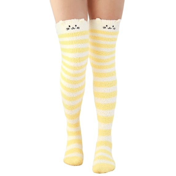 Likimi Fuzzy Fleece Socks For Women Cartoon Striped Print Over The Knee Winter Warm Casual Soft Socks Size One Size