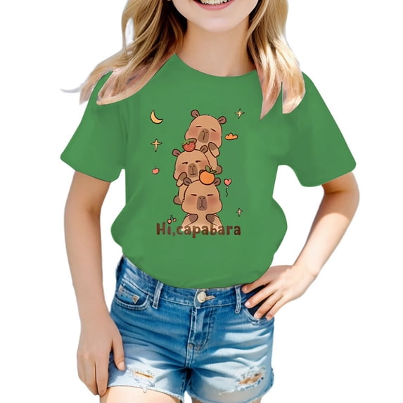 Likimi Girls Tops Cute Graphic Print Round Neck Short Sleeve Tee Summer Casual T Shirt Sizes 3-14 Years Green