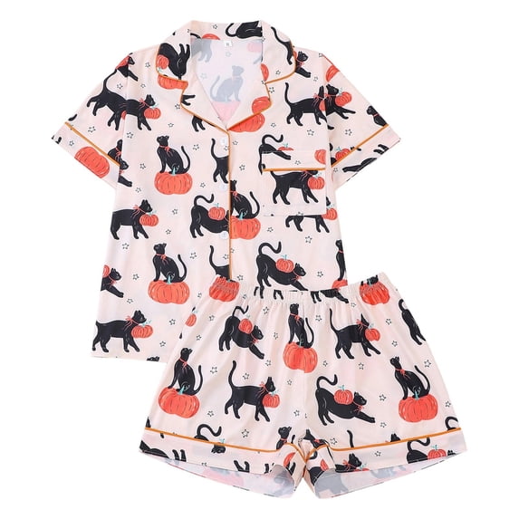 Likimi Halloween Pajamas For Women Set Lapel Button Down Hallowmas Cat Print Short Sleeve Pjs Tops With Shorts For Party Comfort Homewear White Size L
