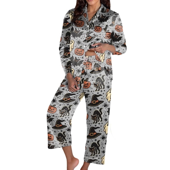 Likimi Halloween Pajamas For Women Set Lapel Button Down Hallowmas Graphic Print Long Sleeve Pjs Tops With Pants For Party Soft Comfort Sleepwear White Size L
