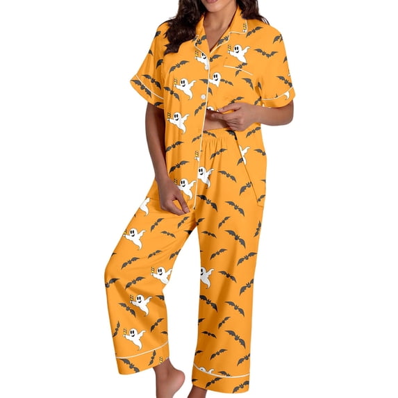 Likimi Halloween Pajamas For Women Set Lapel Button Down Hallowmas Graphic Print Short Sleeve Pjs Tops With Pants For Party Casual Sleepwear Orange Size L