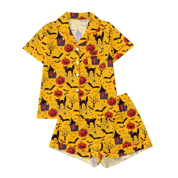 Likimi Halloween Pajamas For Women Set Lapel Button Down Hallowmas Graphic Print Short Sleeve Pjs Tops With Shorts Everyday Wear Soft Casual Loungewear Yellow Size L