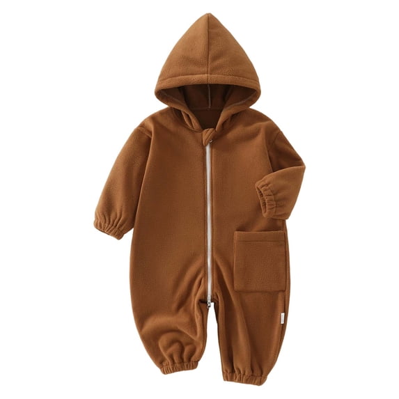 Likimi Infant Baby Boys Jumpsuits Hooded Zipper Solid Color Long Sleeve Romper For Baby Autumn Winter Fashion Clothes Coffee Size 2-3 Years