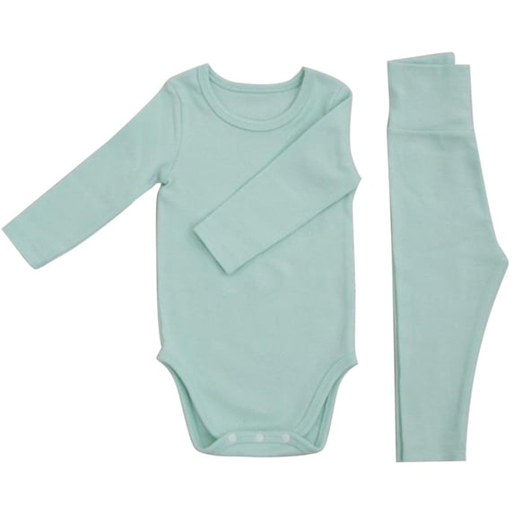 Likimi Baby Boys Two Piece Outfit Long Sleeve Solid Color Crew Neck Romper With Pants Spring Autumn Fashion Outfit Set Mint Green Size 6-12 Months