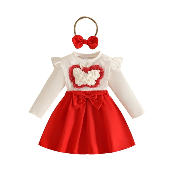Likimi Infant Baby Girls Dress With Bow Solid Color Crew Neck Long Sleeve Spring Autumn Fashion Comfort Dresses Red Size 2-3 Years