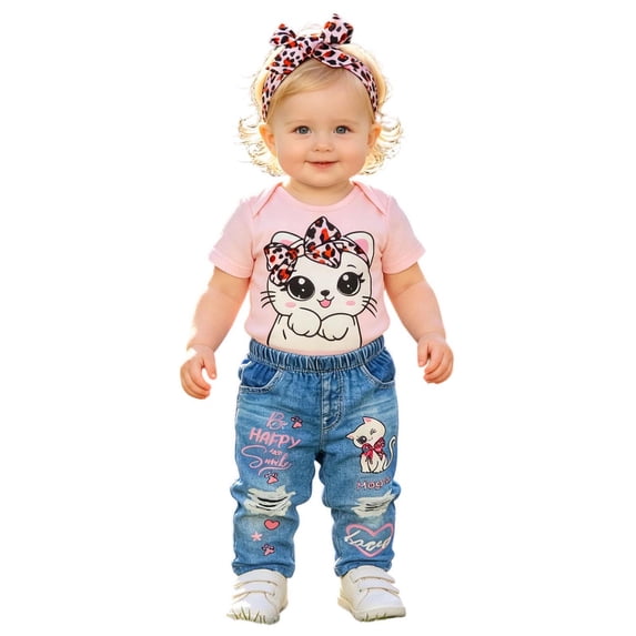 Likimi Infant Baby Girls Outfit Set Short Sleeve Cartoon Print Crew Neck Romper With Pants Fashion Clothes Set Size 9-12 Months