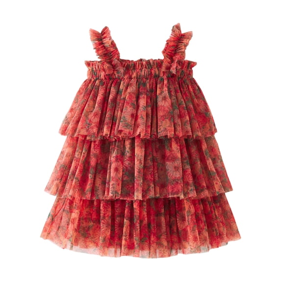 Likimi Infant Child Girls Dress Floral Print Square Neck Sleeveless For Party Fashionable Dresses Red2 Size 2-3 Years