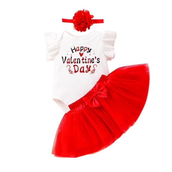 Likimi Infant Girl Valentines Day Outfit Set Cute Ruffle Sleeve Letter Print Crew Neck Romper Bodysuit Skirt Headband Three Piece Set White Size 6-9 Months