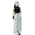 thumbnail image 1 of Likimi Kids Girls Cargo Pants With Pocket Loose Wide Leg Solid Color Elastic Waistband Drawstring Comfort Casual Trousers White Size 12-13 Years, 1 of 6