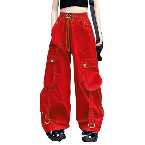 Likimi Infant Kids Girls Cargo Pants With Pocket Loose Wide Leg Solid Color Elastic Waistband Drawstring Comfort Casual Trousers Red Size 8-9 Years