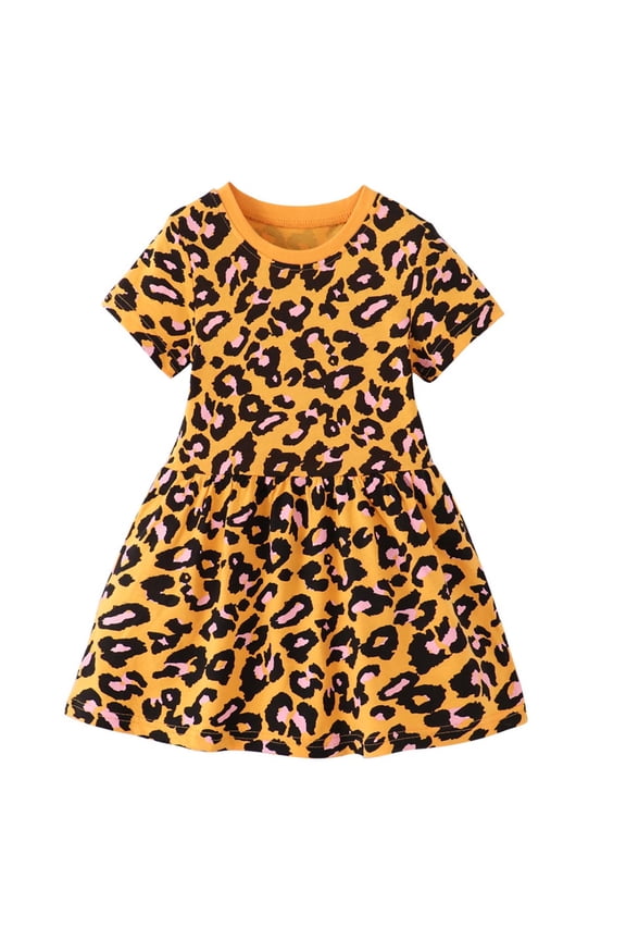 Infant Kids Girls Dress Leopard Printed Crew Neck Short Sleeve Summer Fashionable Dresses Orange Size 2-3 Years