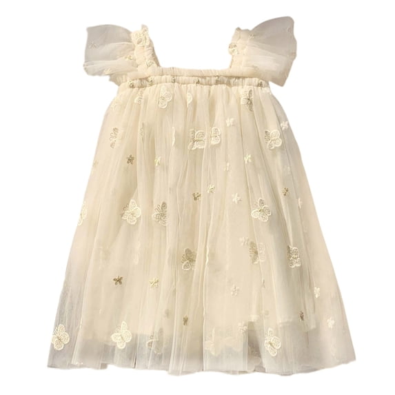 Likimi Infant Kids Girls Dress Solid Color Square Neck Flutter Sleeve Summer Fashionable Dresses Beige Size 5-6 Years