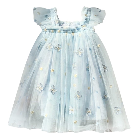 Likimi Infant Kids Girls Dress Solid Color Square Neck Flutter Sleeve Summer Fashionable Dresses Blue Size 6-12 Months