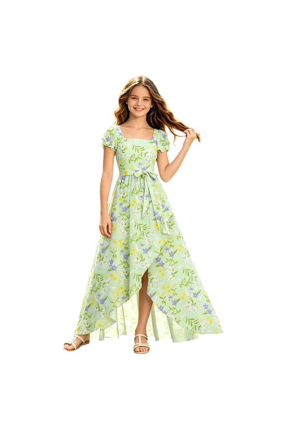 Infant Kids Girls Maxi Dress With Ruffles Summer Puff Sleeve Floral Printed Square Neck Comfortnable Dresses Green Size 9-10 Years